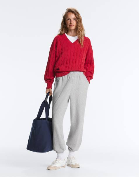 OYSHO - Maglione lavorato a trecce in 100% cotone rosso acceso con scollo a V - view 1