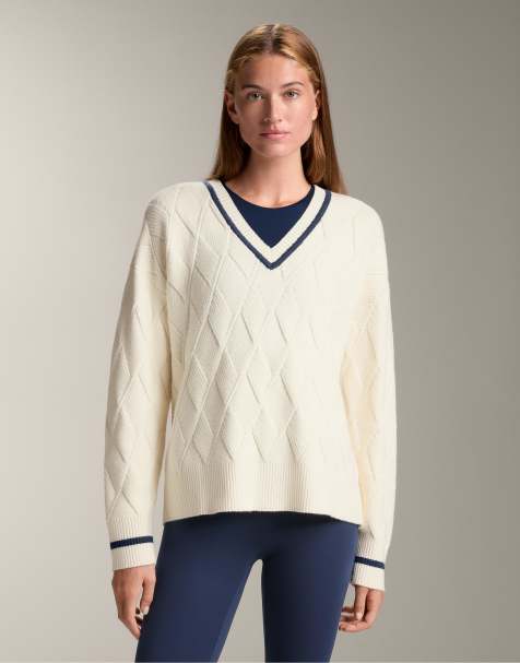 OYSHO - Maglione lavorato écru con scollo a V e motivo a rombi - view 1