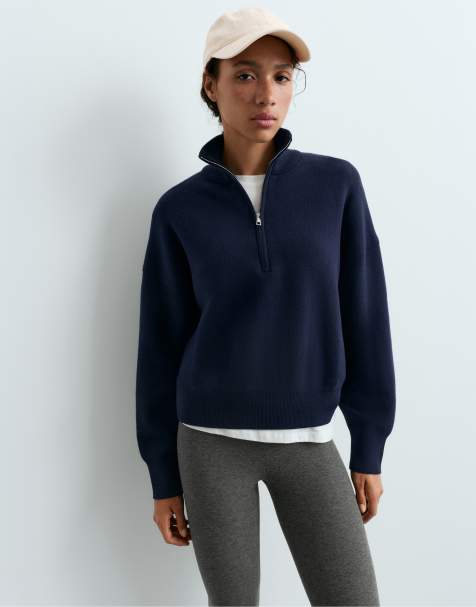 OYSHO maglione lavorato in misto cotone con mezza zip navy - view 1