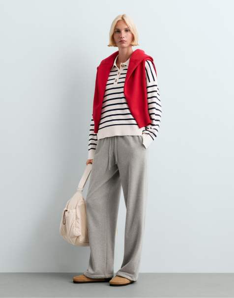 OYSHO maglione polo a righe in maglia color ecru chiaro - view 1