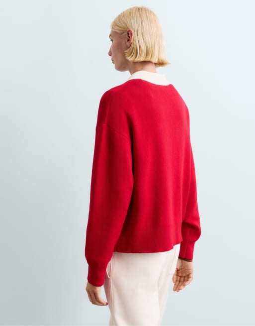 OYSHO maglione polo in maglia a contrasto rosso, 4 di 6