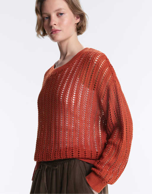 OYSHO - Maglione traforato a coste arancione bruciato, 4 di 4