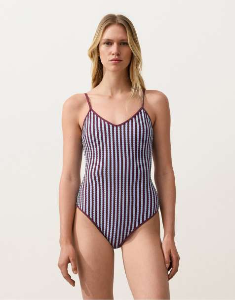 Oysho - Maillot 1 pièce texturé à rayures bicolores - Violet - view 1