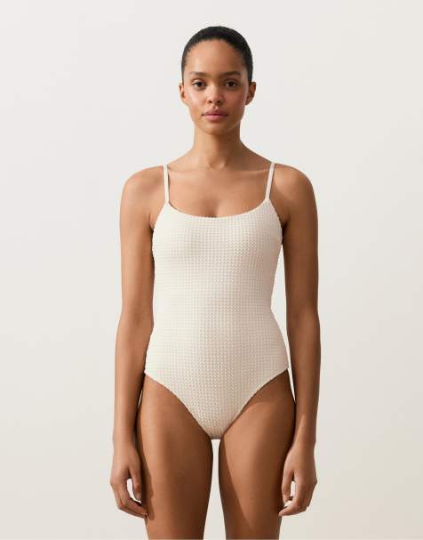 Oysho - Maillot 1 pièce triangle en maille au crochet texturée effet boule - Écru - view 1