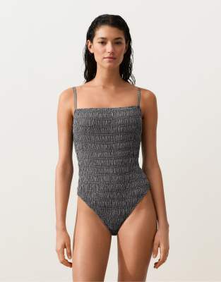 Maillot 1 pièce bandeau à smocks et carreaux vichy - Noir L