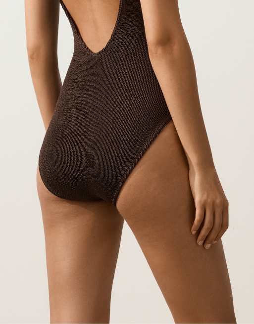 Oysho - Maillot 1 pièce effet froissé à col rond - Marron, 3 de 4