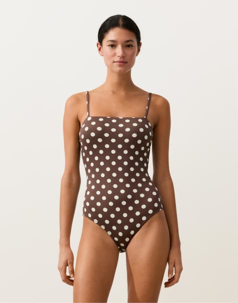 OYSHO - Maillot 1 pièce en piqué à pois et encolure bandeau - Marron foncé - view 1