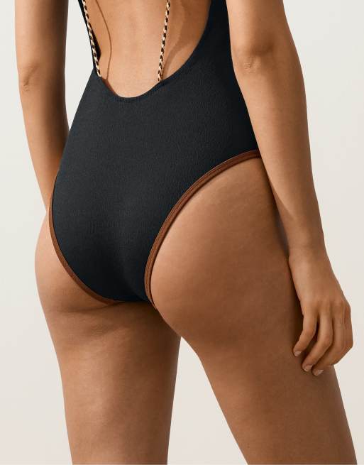 Oysho - Maillot 1 pièce triangle à détail tressé contrastant - Noir, 3 de 4