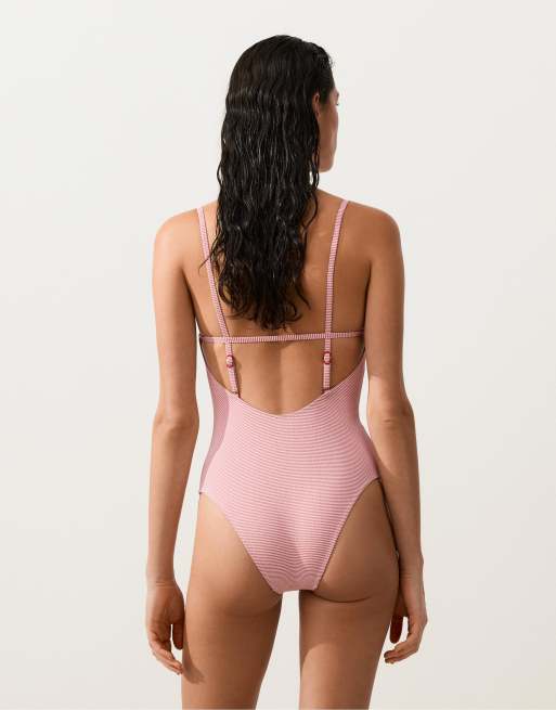 Oysho - Maillot 1 pièce triangle à rayures - Rouge, 3 de 4