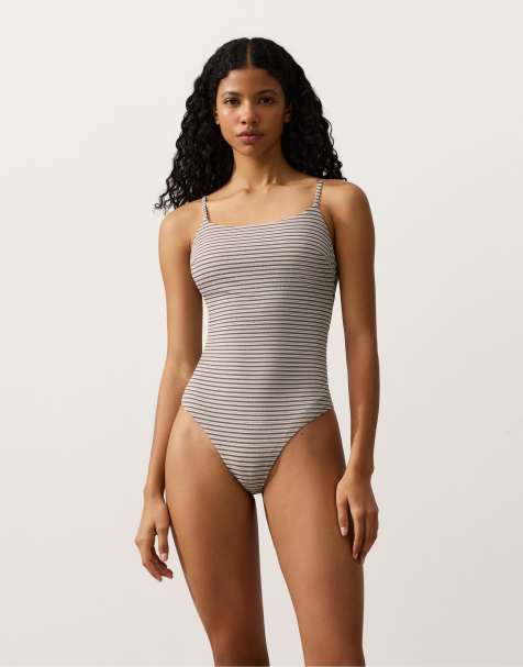 Oysho - Maillot 1 pièce triangle à rayures - Sable - view 1