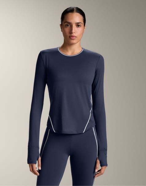 OYSHO – Marinblå, långärmad t-shirt i tech-stil med passpoaler - view 1