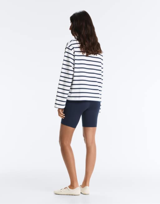 OYSHO – Marinblå, randig, långärmad t-shirt i bomullsmix och oversize med boxig passform, 4 av 4