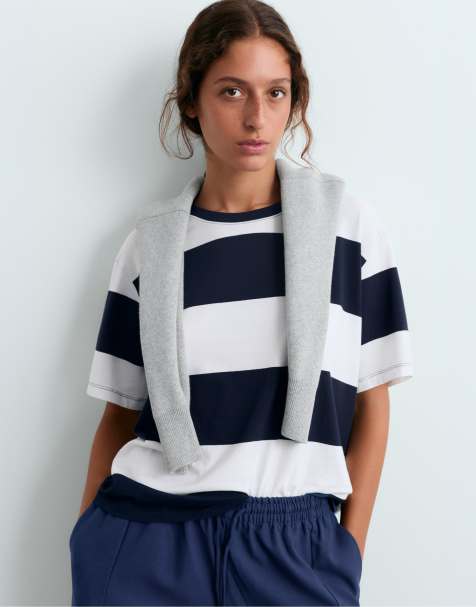 OYSHO – Marinblå t-shirt i bomullsmix med boxig passform och breda ränder - view 1