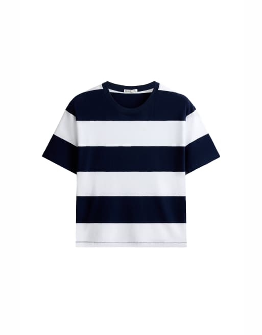 OYSHO – Marinblå t-shirt i bomullsmix med boxig passform och breda ränder, 6 av 7