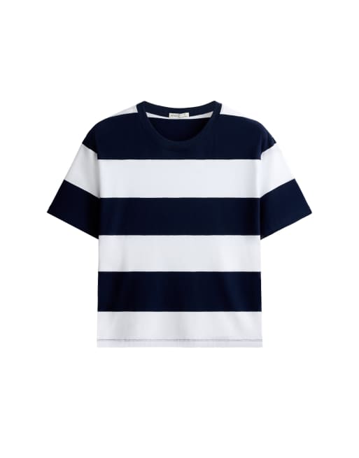 OYSHO – Marinblå t-shirt i bomullsmix med boxig passform och breda ränder, 7 av 7