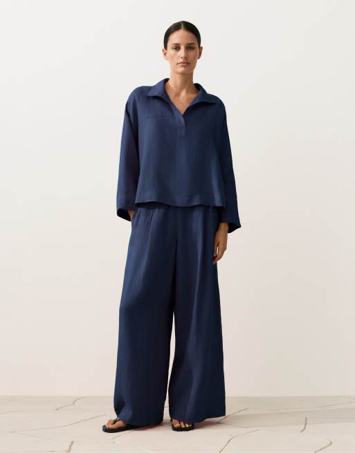 OYSHO - Marineblå oversized poloskjorte i 100% hør med lange ærmer, 2 af 4