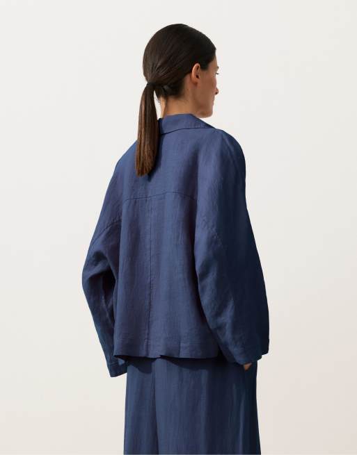 OYSHO - Marineblå oversized poloskjorte i 100% hør med lange ærmer, 3 af 4