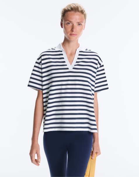 OYSHO - Marineblå T-shirt med polokrave og korte ærmer i bomuldsblanding i firkantet pasform - view 1
