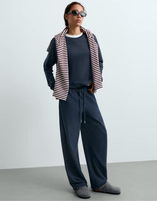 OYSHO Marl cotton-blend fleece crew-neck sweatshirt in navy, 5 of 5