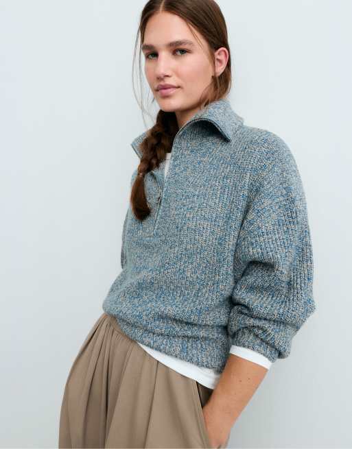OYSHO Marled knit jumper with half zip in grey-blue, 2 of 5