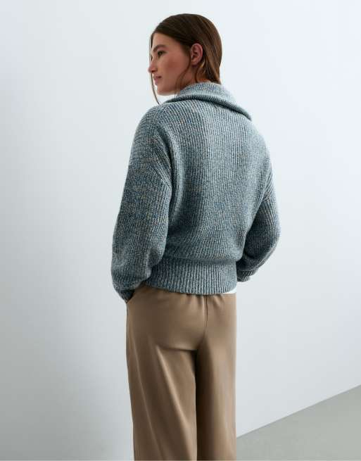OYSHO Marled knit jumper with half zip in grey-blue, 4 of 5