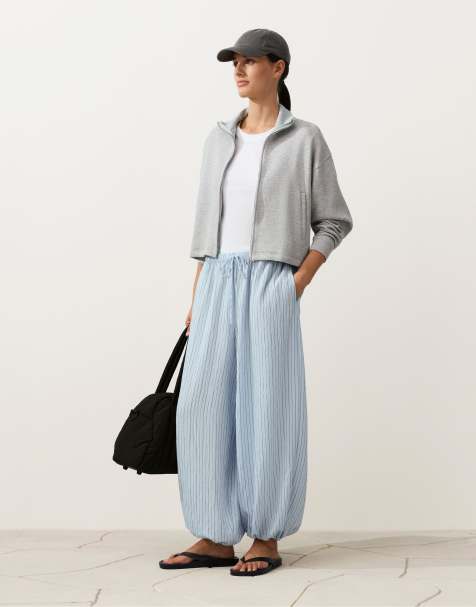OYSHO Maxi striped bloomer trousers in dusty-blue