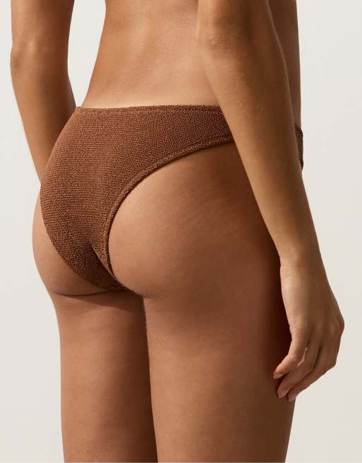 OYSHO Medium-coverage u-cut crinkle bikini briefs in brown, 3 of 4