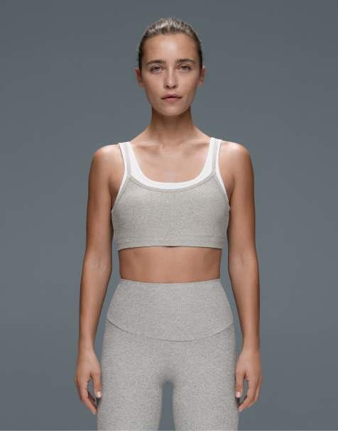 OYSHO Medium-support rib overlay sports bra in grey melange - view 1