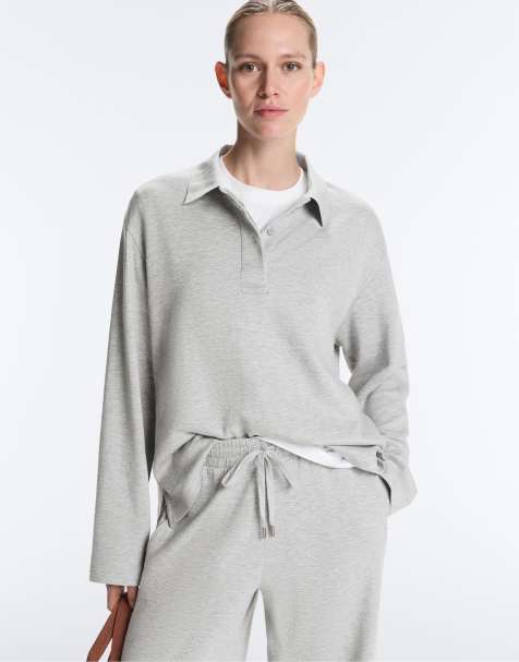 OYSHO Mélange piqué long-sleeve polo shirt in grey melange - view 1