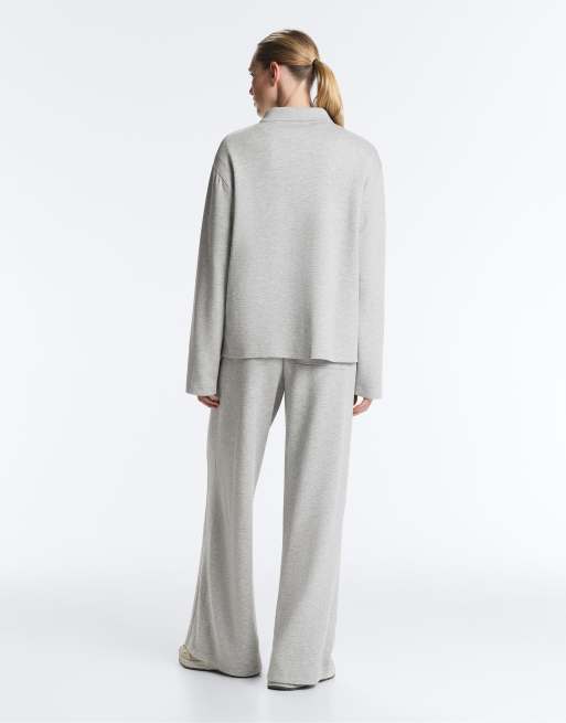 OYSHO Mélange piqué long-sleeve polo shirt in grey melange, 4 of 4