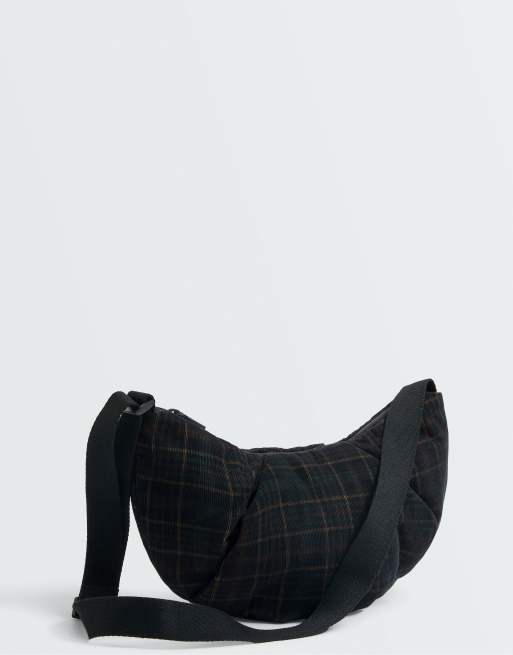 OYSHO Micro-corduroy crossbody bag with checked print in washed anthracite, 5 of 5