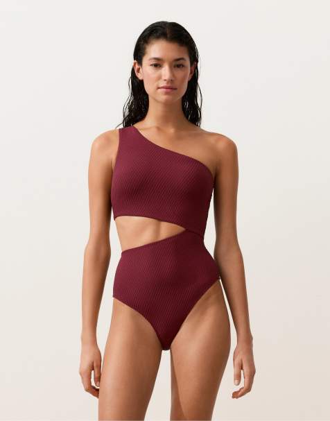 OYSHO Mini check jacquard asymmetric trikini in purple - view 1