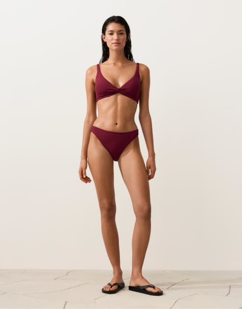 OYSHO Mini check jacquard bikini top in purple - view 1