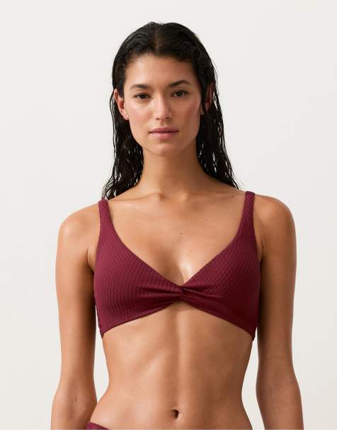 OYSHO Mini check jacquard bikini top in purple