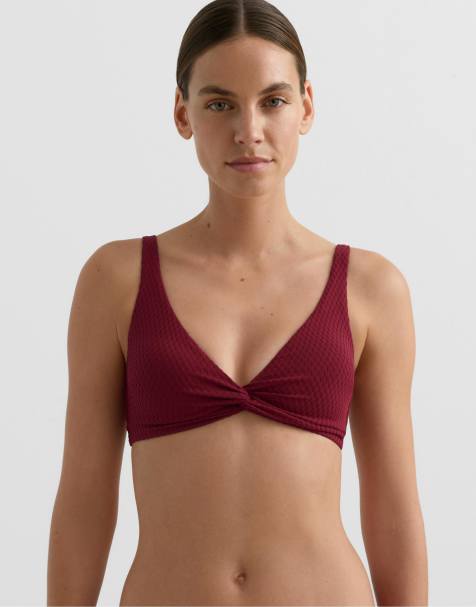 OYSHO Mini check jacquard halter bikini top in burgundy - view 1