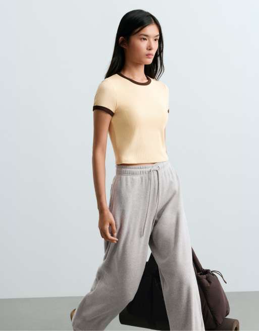 OYSHO Modal blend rib contrast short-sleeved t-shirt in cream, 2 of 6