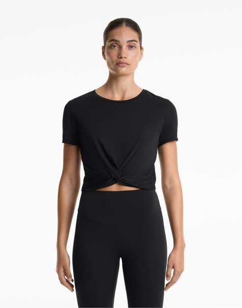 OYSHO Modal blend short-sleeved knot t-shirt in black - view 1