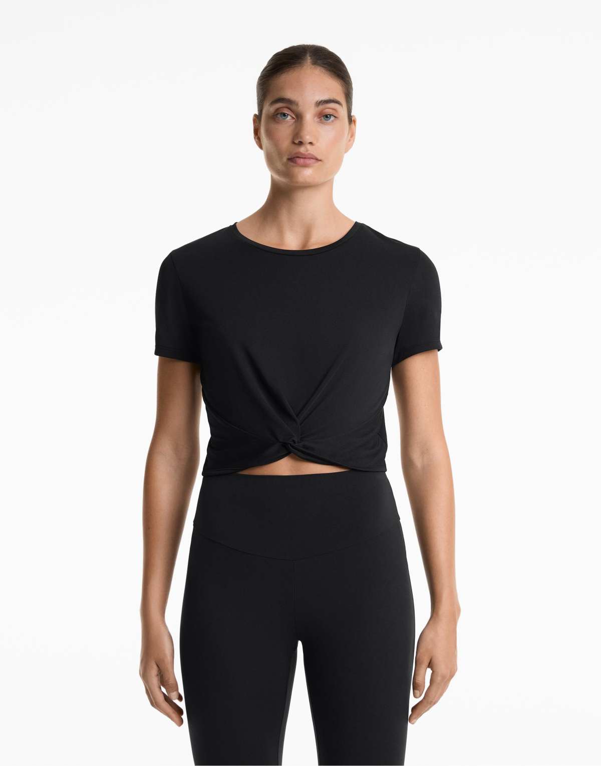 OYSHO Modal blend short-sleeved knot t-shirt in black