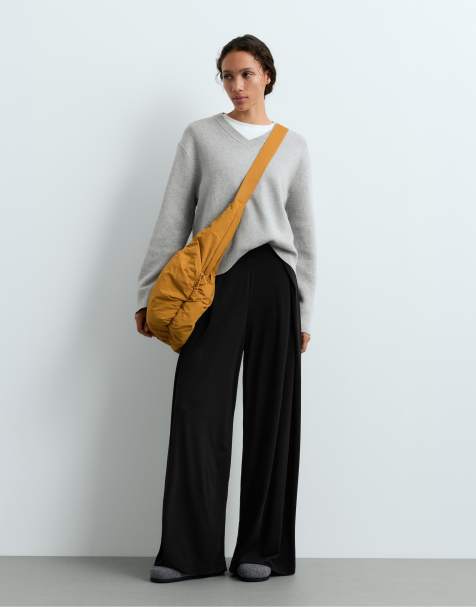 OYSHO Modal blend straight-leg trousers with side pleat in black - view 1