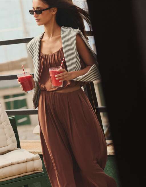 OYSHO Modal blend strappy top in terracotta, 3 of 4
