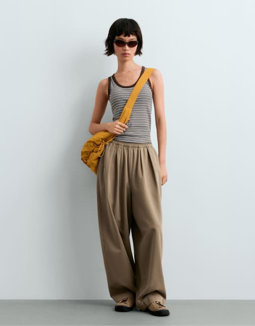 OYSHO Modal blend stripe rib tank top in brown, 2 of 4