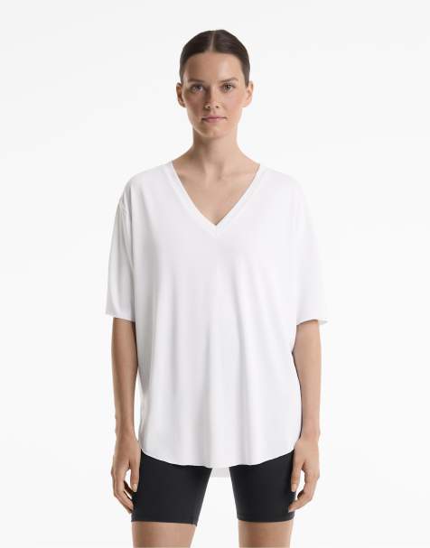 Oysho Modal blend v-neck t-shirt in off-white - view 1