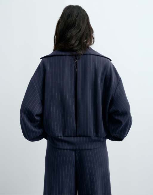 OYSHO Modal pinstripe boxy jacket in navy, 4 of 4