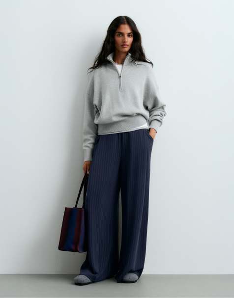 OYSHO Modal pinstripe wide-leg trousers in navy - view 1