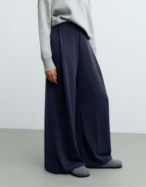 OYSHO Modal pinstripe wide-leg trousers in navy, 2 of 4