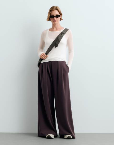 OYSHO Modal piqué wide-leg trousers in purplish brown - view 1