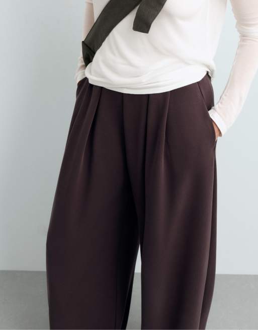 OYSHO Modal piqué wide-leg trousers in purplish brown, 3 of 7
