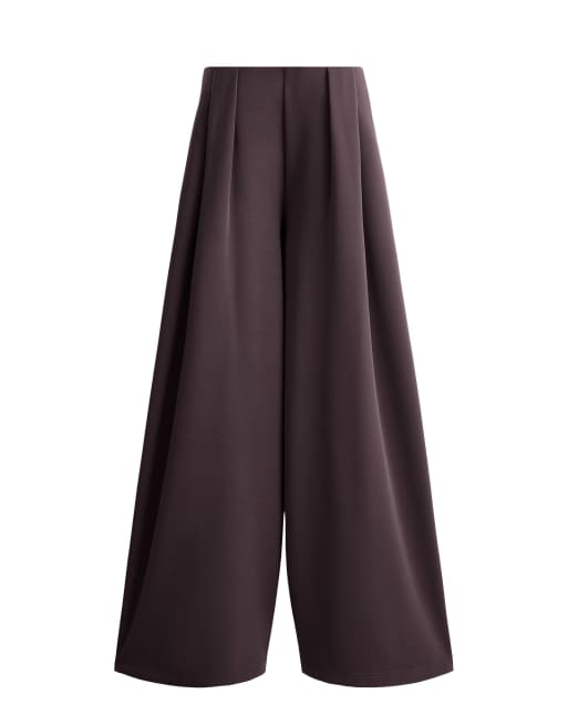 OYSHO Modal piqué wide-leg trousers in purplish brown, 7 of 7