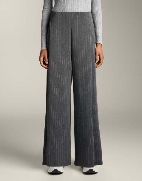 OYSHO – Mörkgrå, randiga byxor i mjuk modal med vida ben - view 1