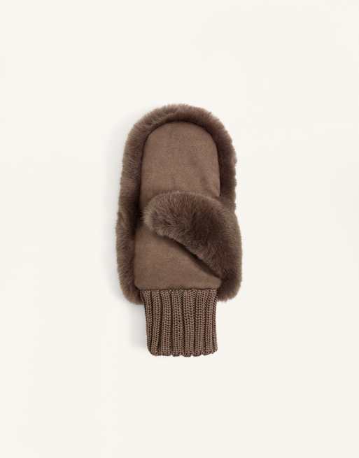 OYSHO - Moufles en fausse fourrure à poignets élastiques - Marron, 3 de 3